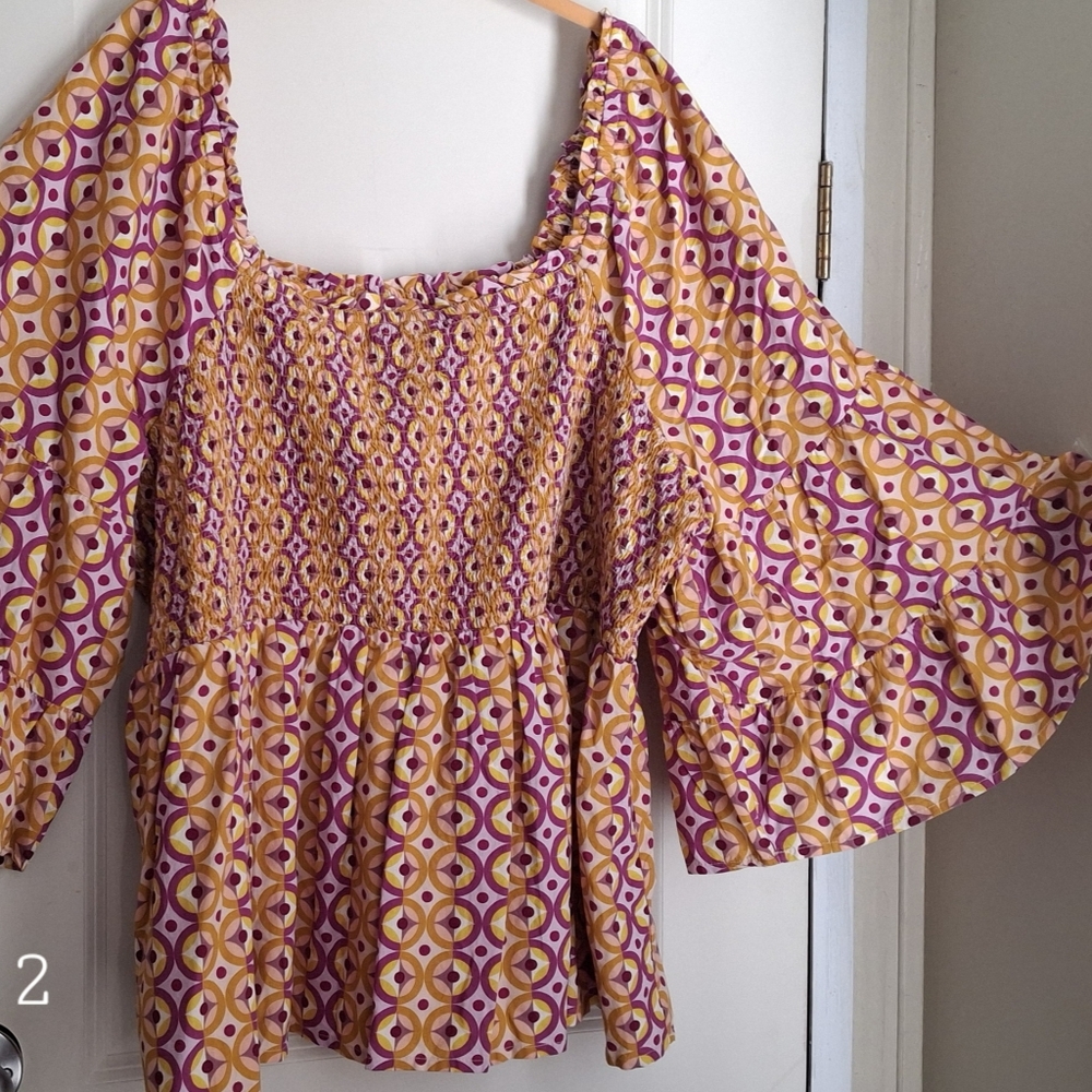 Terra & Sky Womens Cottagecore Top Sz 3X Geometric Print Multi Hippie Boho West